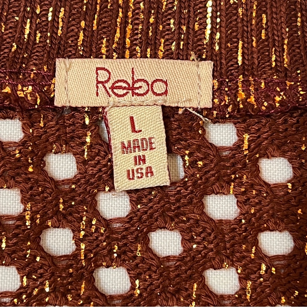Reba Sweater Copper Gold Metallic Open Weave Crocheted Sz L‎ Matching Cami EUC - Picture 3 of 14